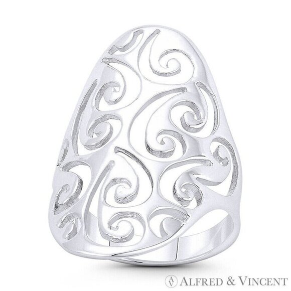 Spiral Pattern Cutout Oval Boho Statement Ring in .925 Sterling Silver - Size 10 - Picture 1 of 1